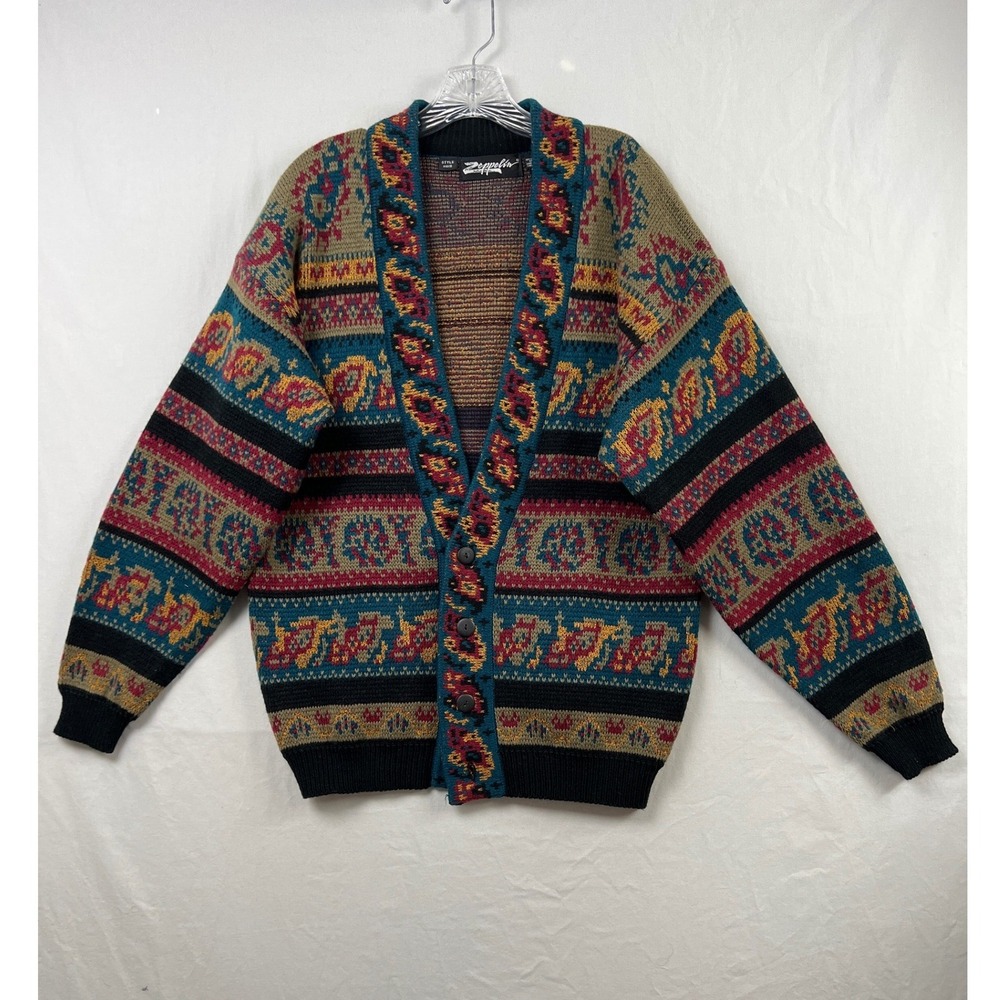 Vintage 90s Zeppelin Cardigan Sweater Mens Medium Multicolor Geometric Knit